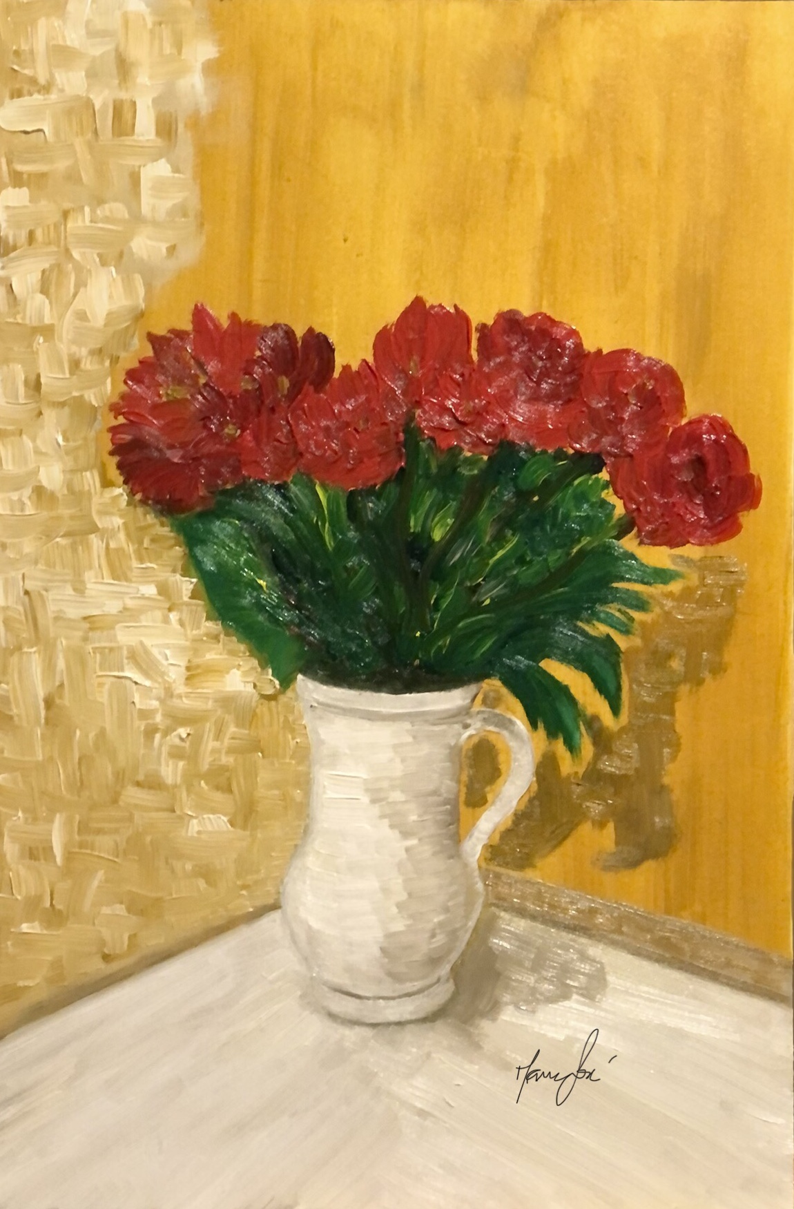 Título da Obra: Arranjo de flores com fundo amarelo Técnica: óleo sobre chapa mdf; Dimensões: 29,7 X 42 cm;  Local/ Ano de criação: Rio de Janeiro – Brasil- outubro/2021 Título da Obra: Arranjo de flores com fundo amarelo Técnica: óleo sobre chapa mdf; Dimensões: 29,7 X 42 cm;  Local/ Ano de criação: Rio de Janeiro – Brasil- outubro/2021